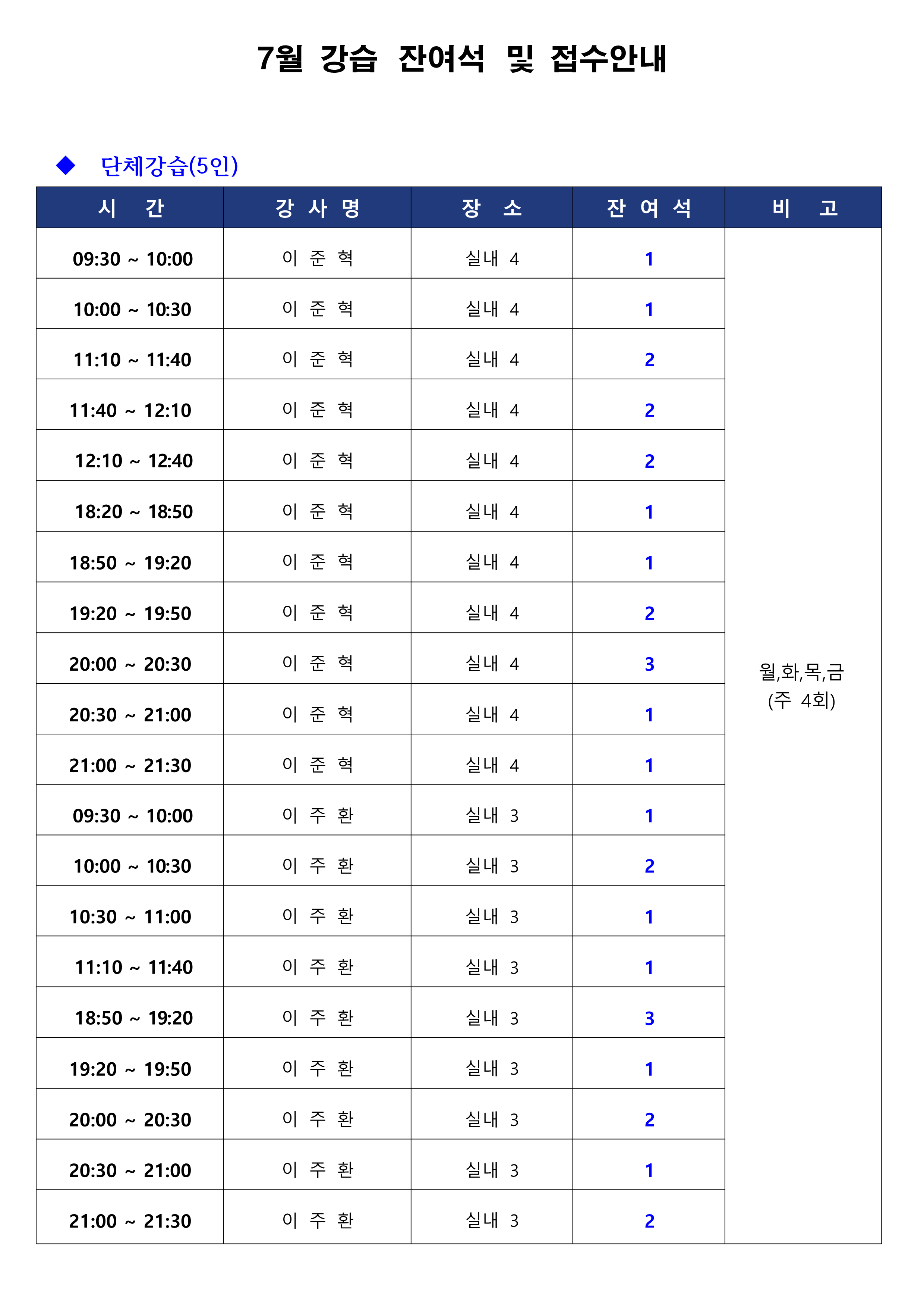 [금오] 7월 강습 잔여석 및 접수 안내 첨부 이미지