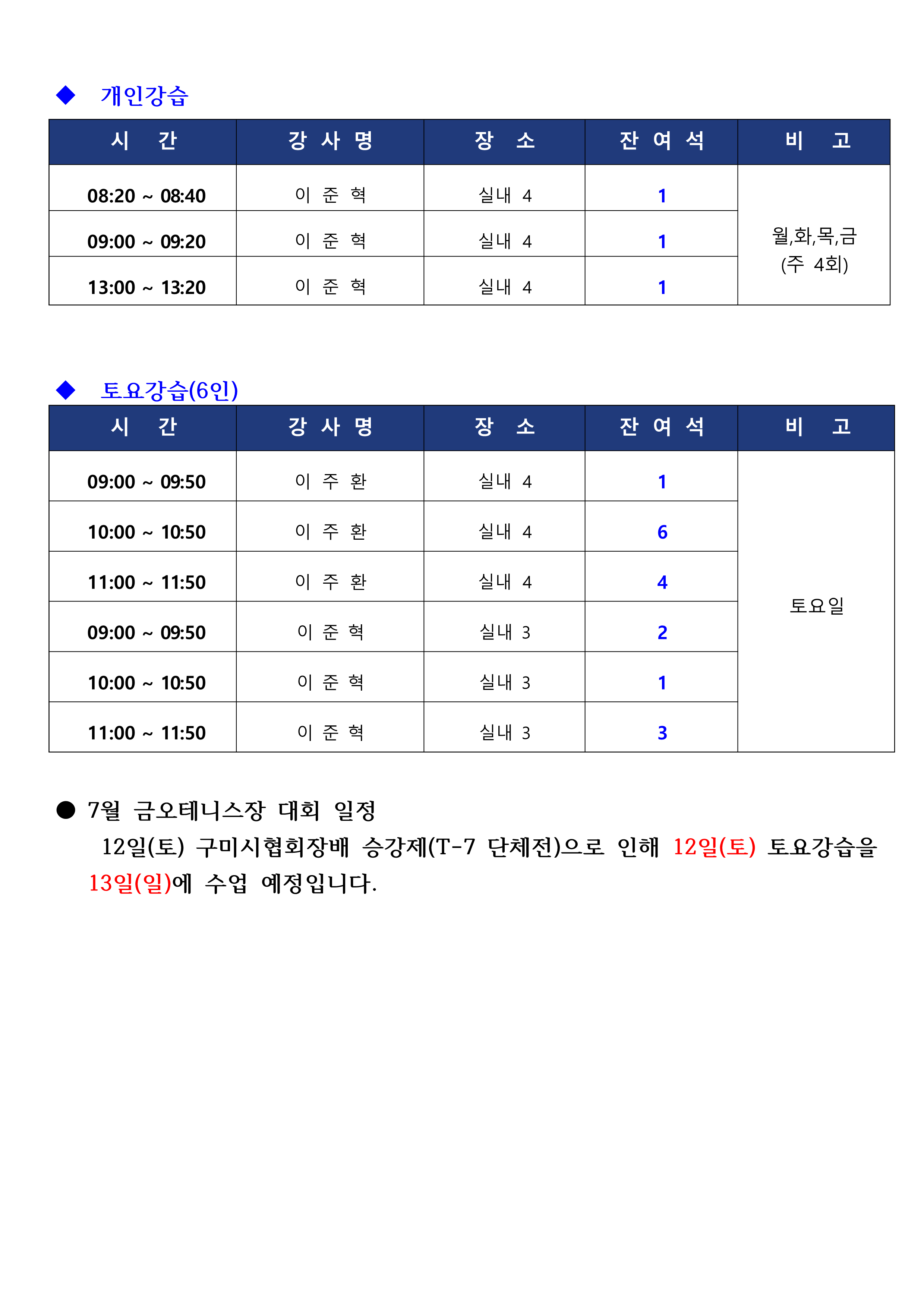 [금오] 7월 강습 잔여석 및 접수 안내 첨부 이미지