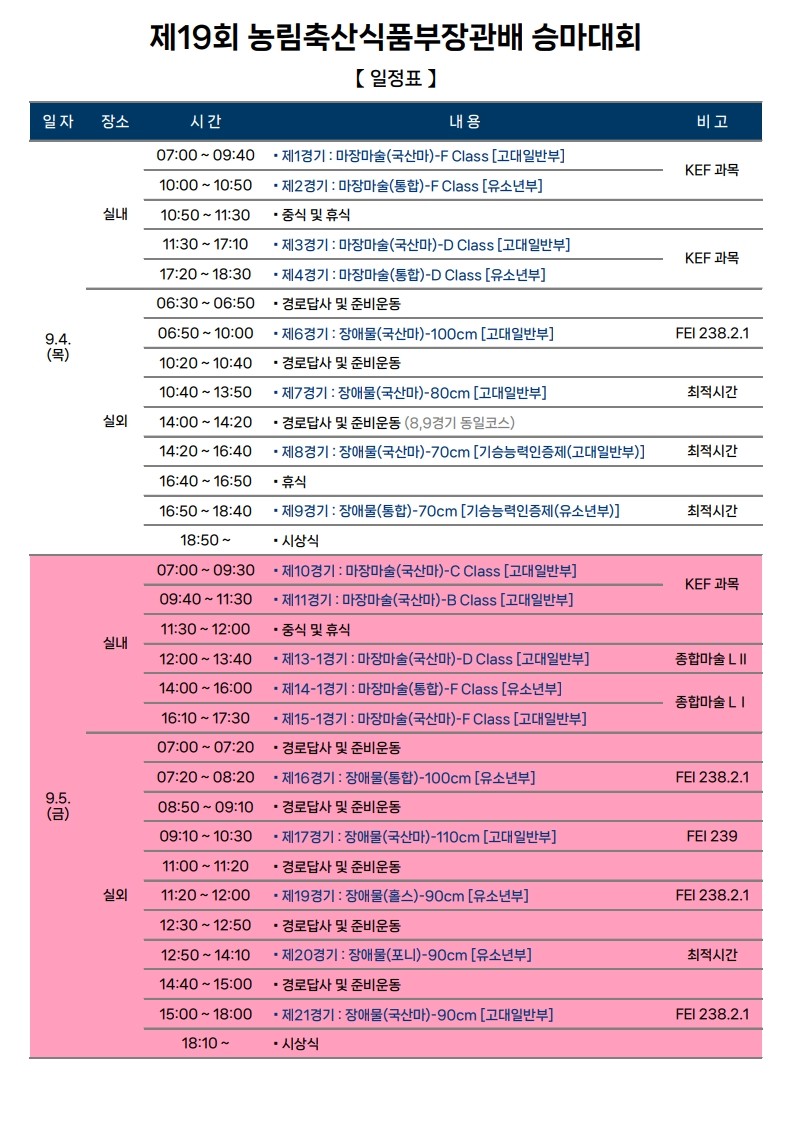 [구미시승마장] 제19회 농림축산식품부장관배 전국승마대회 일정 안내 첨부 이미지